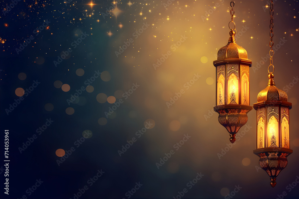 Arabic lanterns Light Lamp. golden color. Islamic Ramadan Kareem, iftar festival or Eid Mubarak banner background