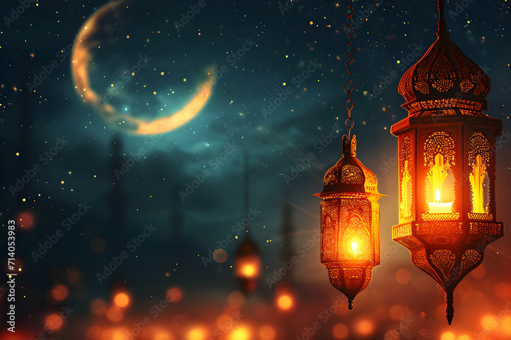 Arabic lanterns Light Lamp. golden color. Islamic Ramadan Kareem, iftar festival or Eid Mubarak banner background