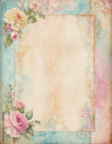 A faded, vintage, grungy watercolor pastel paper background with roses. Card. invitation, banner, poster. Valentine's Day card.