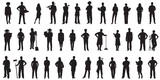 Group of diverse people occupations or jobs standing in a row vector black silhouettes set collection. People crowd standing various professions silhouettes.