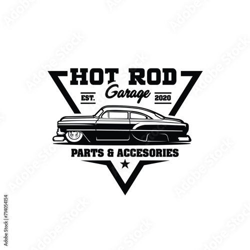 Hot Rod Garage Ready Made Logo Vector Illustration. Emblem Badge Logo Isolated. Best for Classic Car Garage and Mechanic Related Industry Logo