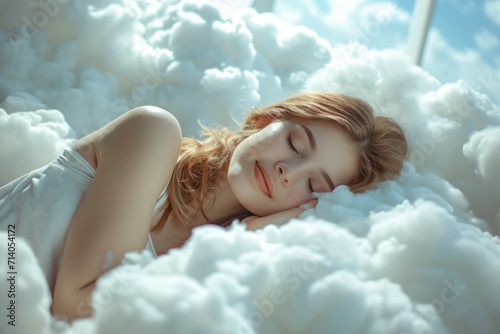 Woman Sleep Among Fluffy White Clouds