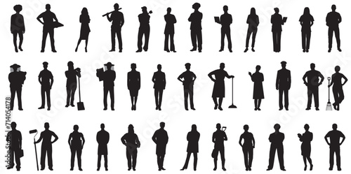 Group of diverse people occupations or jobs standing in a row vector black silhouettes set collection. People crowd standing various professions silhouettes.