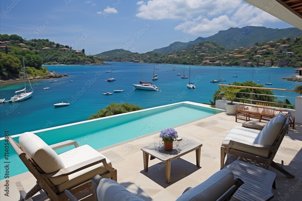 Luxurious pool and breathtaking sea view set the stage. Ideal summer vacation concept