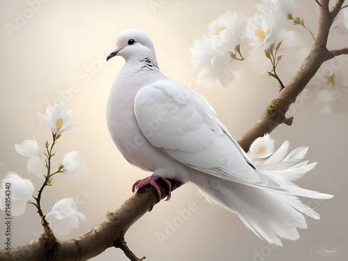 White dove on branch with flowers
