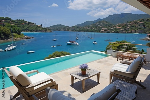 Luxurious pool and breathtaking sea view set the stage. Ideal summer vacation concept