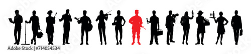 Male soldier with rifle red silhouette standing among group of people crowd in row in black silhouettes.