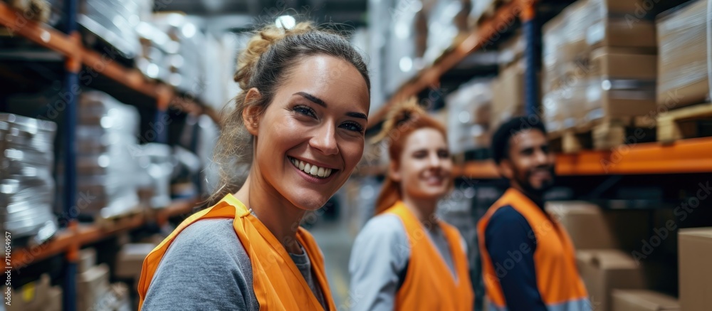 Smiling workers in warehouse.
