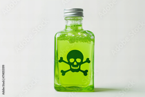 glass bottle with toxic chemical bright green substances and skull and crossbones logo on it isolated on white background