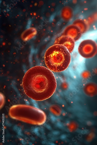a digital representation of red blood cells flowing through a blood vessel. The red blood cells are depicted in a detailed and realistic manner, 