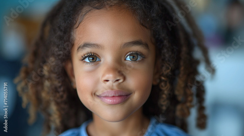 Beautiful small black girl with curly hair and beautiful eyes. Beauty concept. Happy childhood. Selective focus.