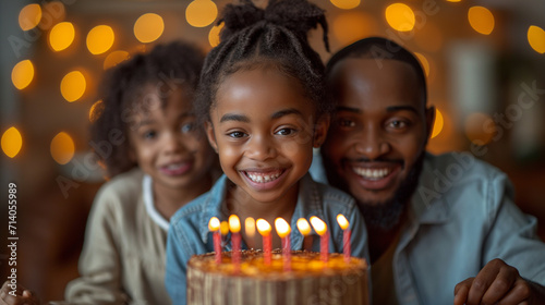 African family celebrating birthday with candles and cake. Selective focus. Happy childhood concept.