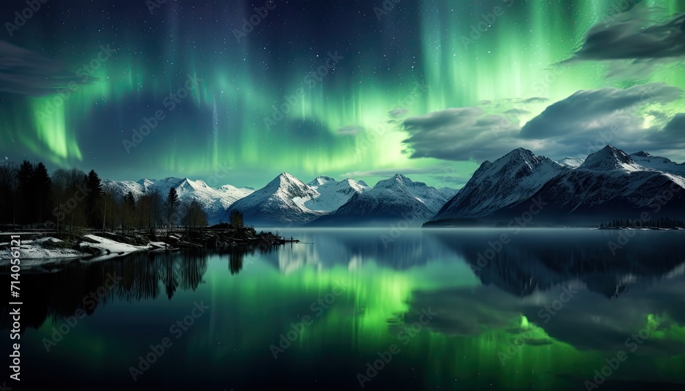 View of night sky with multicolored aurora borealis and snowy mountains peak background. Night glows in vibrant aurora reflection on the lake with forest. 