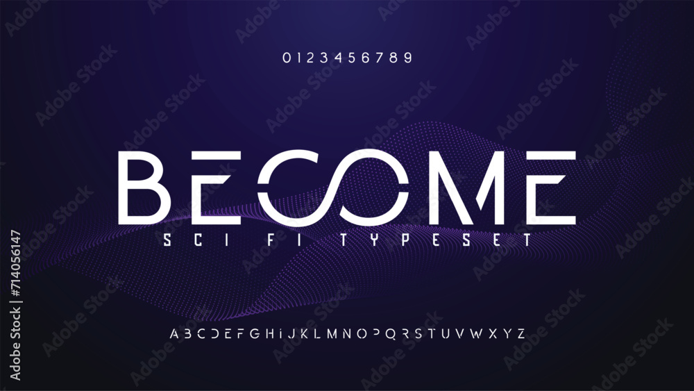 Expanded futuristic font, thin wide alphabet. High tech typeset for headline and logo of hud, ai, data science graphic, sci-fi, science and medical technology, digital interface. Vector typography - obrazy, fototapety, plakaty 