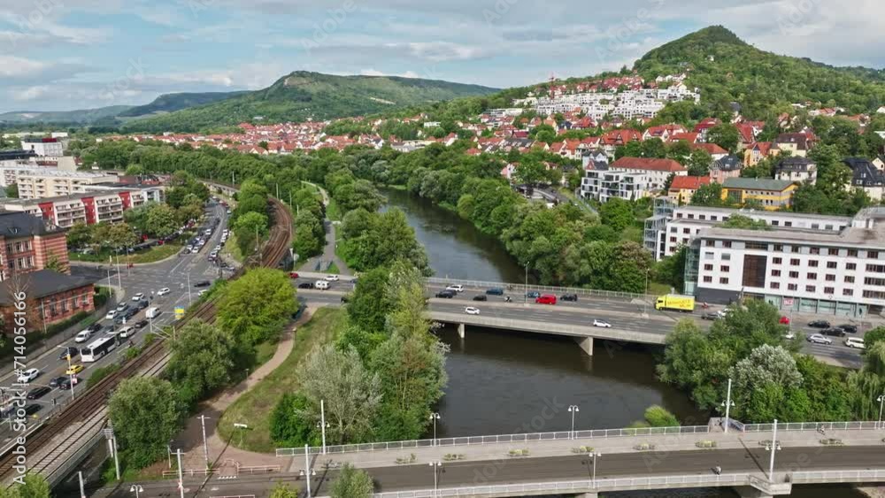 Aerial drone view of Saale River in Jena , Thuringia, Germany Aerial drone view of Saale River in Jena , Thuringia, Germany