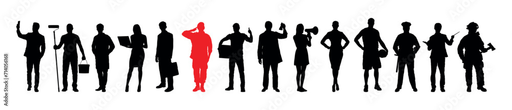 Red silhouette of male soldier standing among group of people crowd with different occupations in row in black silhouettes.