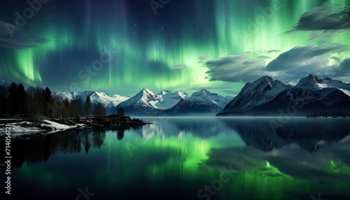 View of night sky with multicolored aurora borealis and snowy mountains peak background. Night glows in vibrant aurora reflection on the lake with forest. 