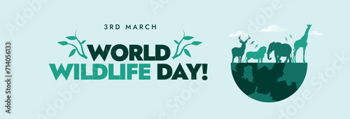 World Wildlife Day. March 3rd, World Wildlife day cover banner with silhouette wild animals, earth globe in  digital craft style. Wild life concept to save and protect wild animals and plants. 
