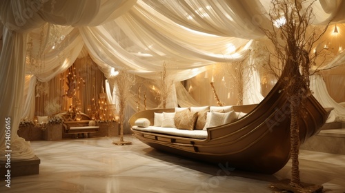 Nautical Bliss Gold Boat Wedding Wallpaper, Generative AI