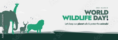 World Wildlife day. World wildlife day march 3, celebration cover banner with silhouette animals in light green colour with grey background.  Awareness banner for worlds wild animals and plant safety.