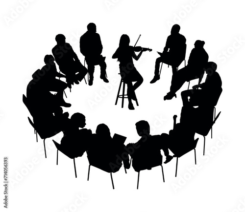 Teen girl playing violin in the middle of group of people sitting in circle vector silhouettes.