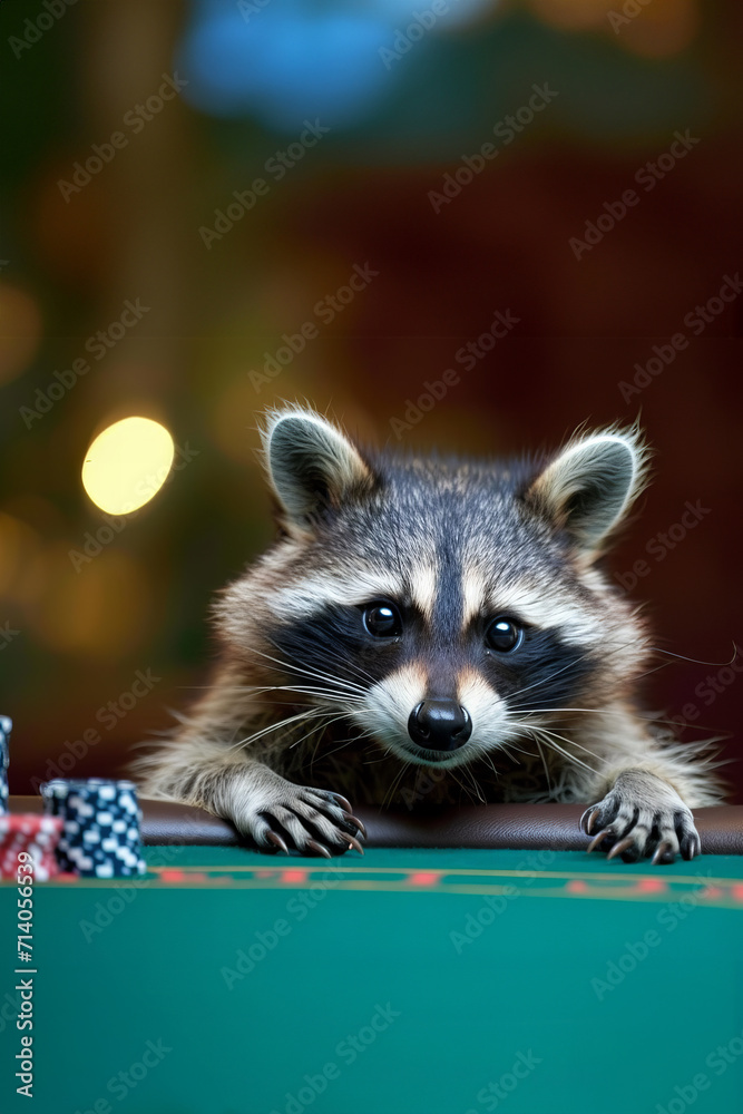 racoon plays gambling in a casino