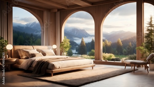  Interior of a cozy bedroom with a large bed in front of a huge window, unusually beautiful nature outside the window gives the bedroom a special charm and makes it an ideal place for rest and relaxat
