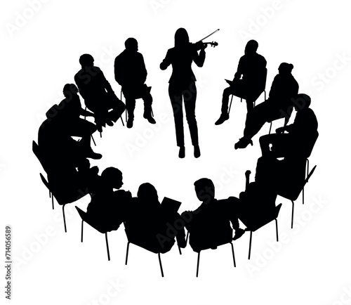 Woman musician playing violin in the middle of group people sitting in circle silhouettes.
