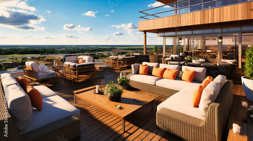Luxurious Outdoor Relaxation: Summer Vibes on a Beautiful Balcony with Modern Furniture.