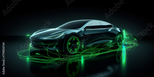 Futuristic green electric car study at studio scene with green lightning generative ai 