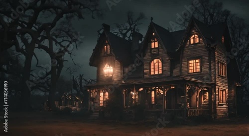 Creepy vampire house at night halloween time photo