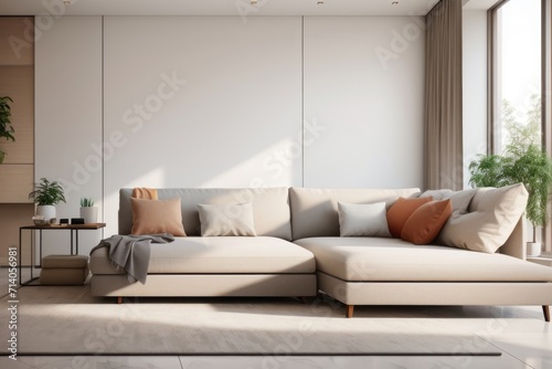 Interior home design of modern living room with corner sofa and table with copy room stucco wall