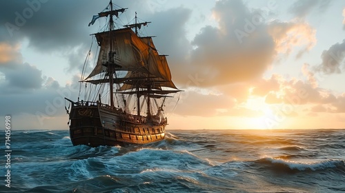 A pirate ship passes between rocks in the ocean against the backdrop of the setting sun. photo