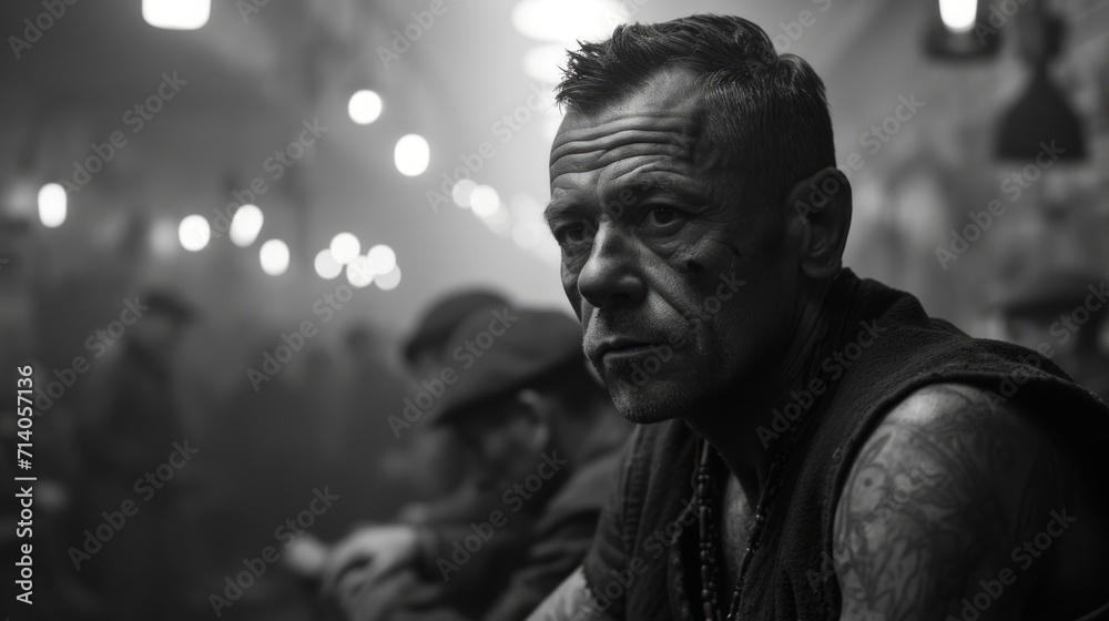 Black and white portrait of a tired man with tattoos in a foggy room. Black and white portrait of a tired man with tattoos in a foggy room.