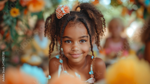 Little smiling black girl is celebrating her birthday with her family. Happy childhood. Selective focus.