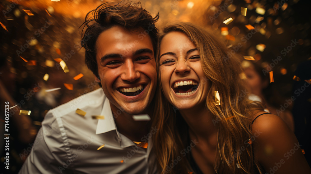 A guy and a girl are smiling at a party on a confetti background.