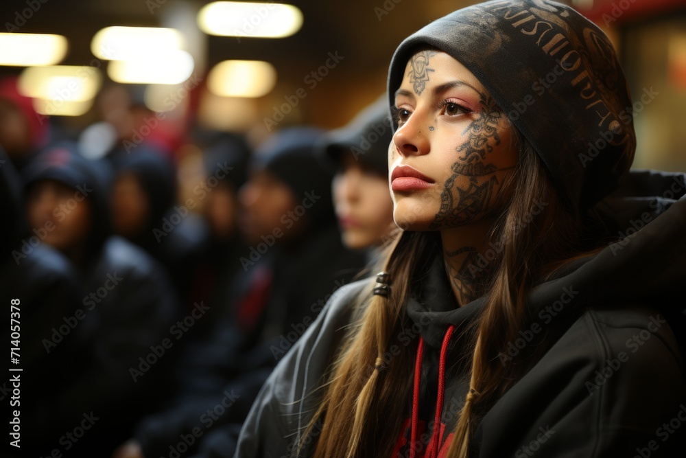 girl with tattoos on her face and body depicting various patterns and symbols in a realistic scene.