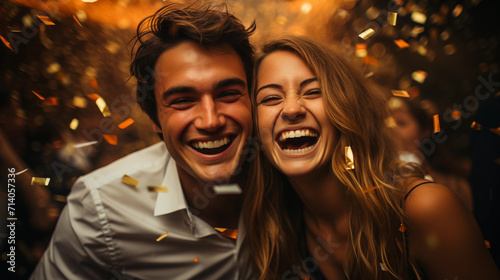 A guy and a girl are smiling at a party on a confetti background.