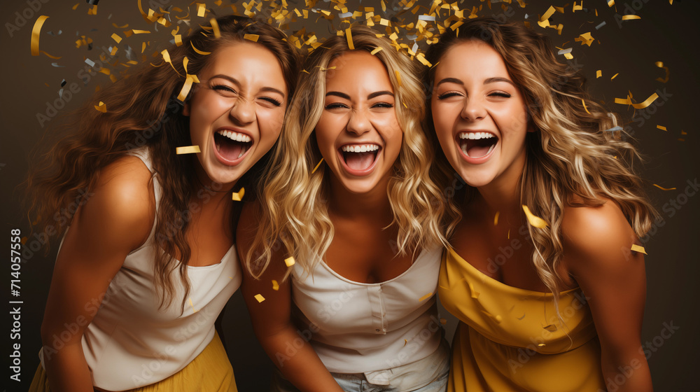 Fototapeta premium Girls are smiling at a party on a confetti background.