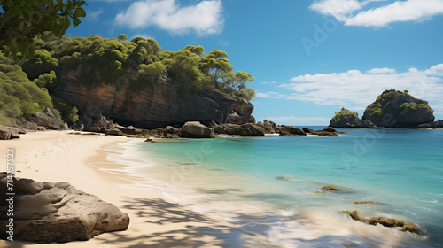 Beach With Palm Tree And Rocks