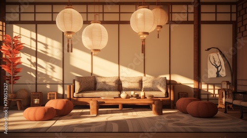 a Japanese tea house-inspired living room with tatami mats and paper lanterns