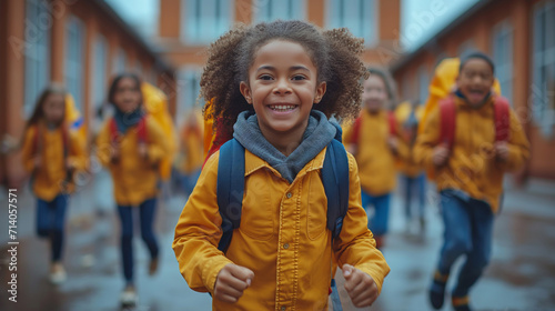 Beautiful, smiling black girl with curly hair dressed in yellow jackets and with rucksacks is running in the school yard with her friends. Selective focus. School life concept.   photo