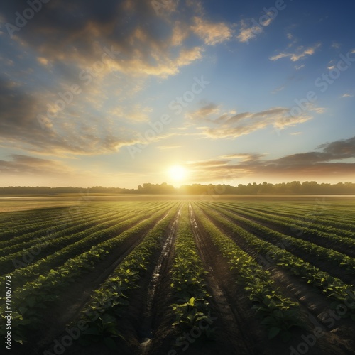 Growing green soybeans plant on field. Soy plantation at sunset. Spring landscape in the setting sun.
