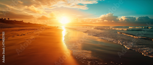 Breathtaking Sunrise View Over a Pristine Beach, Reflecting the Sun's Radiance on Gentle Waves