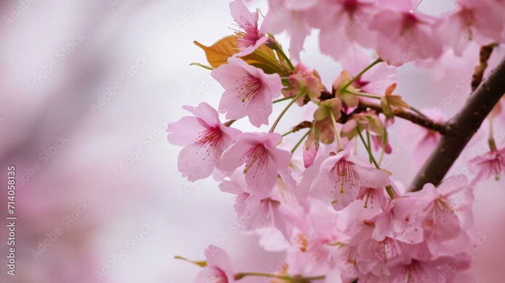 Spring background. .Closeup Ukon Cherry Flowers Swaying In The Wind Cloud. Copy paste area for texture