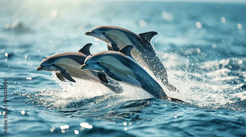 Obraz premium Playful Dolphins Leaping in the Ocean - A Joyful Wildlife Display