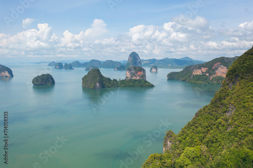 Aerial top view of Khao Phing Kan, Ko Ta Pu, Phang Nga, lush green trees from above in tropical forest in national park in summer season. Natural landscape background.
