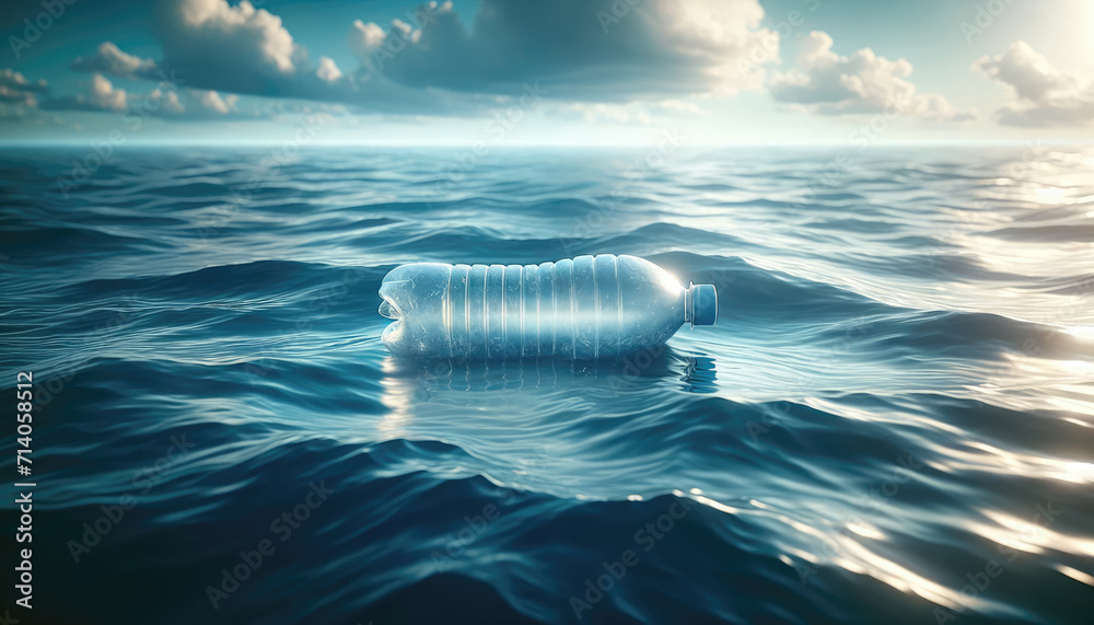 Naklejka premium realistic depiction of a single plastic water bottle floating in the ocean