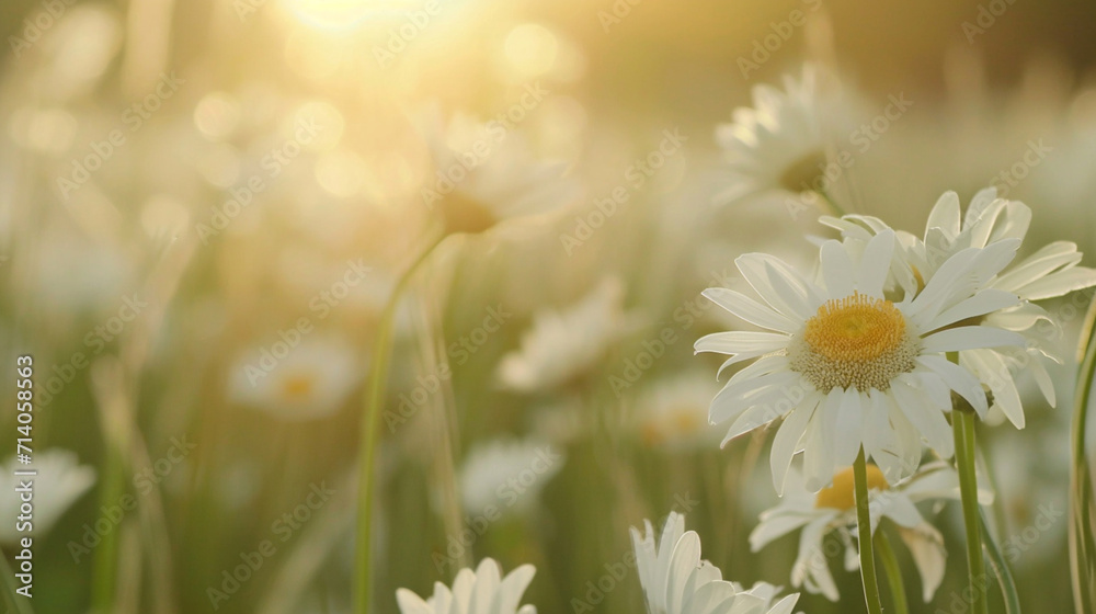 Spring background. White Daisy Flowers Field Meadow In Sunset Lights. Field Of White Daisies. Copy paste area for texture Spring background. White Daisy Flowers Field Meadow In Sunset Lights. Field Of White Daisies. Copy paste area for texture