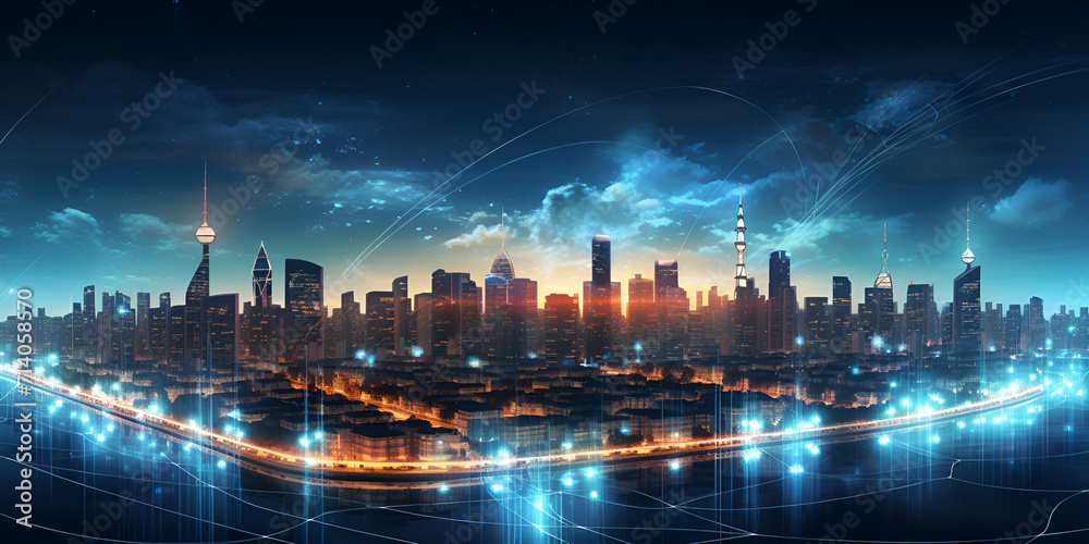 Smart cityscape with wireless network Futuristic illustration of future technologies Generative AI
